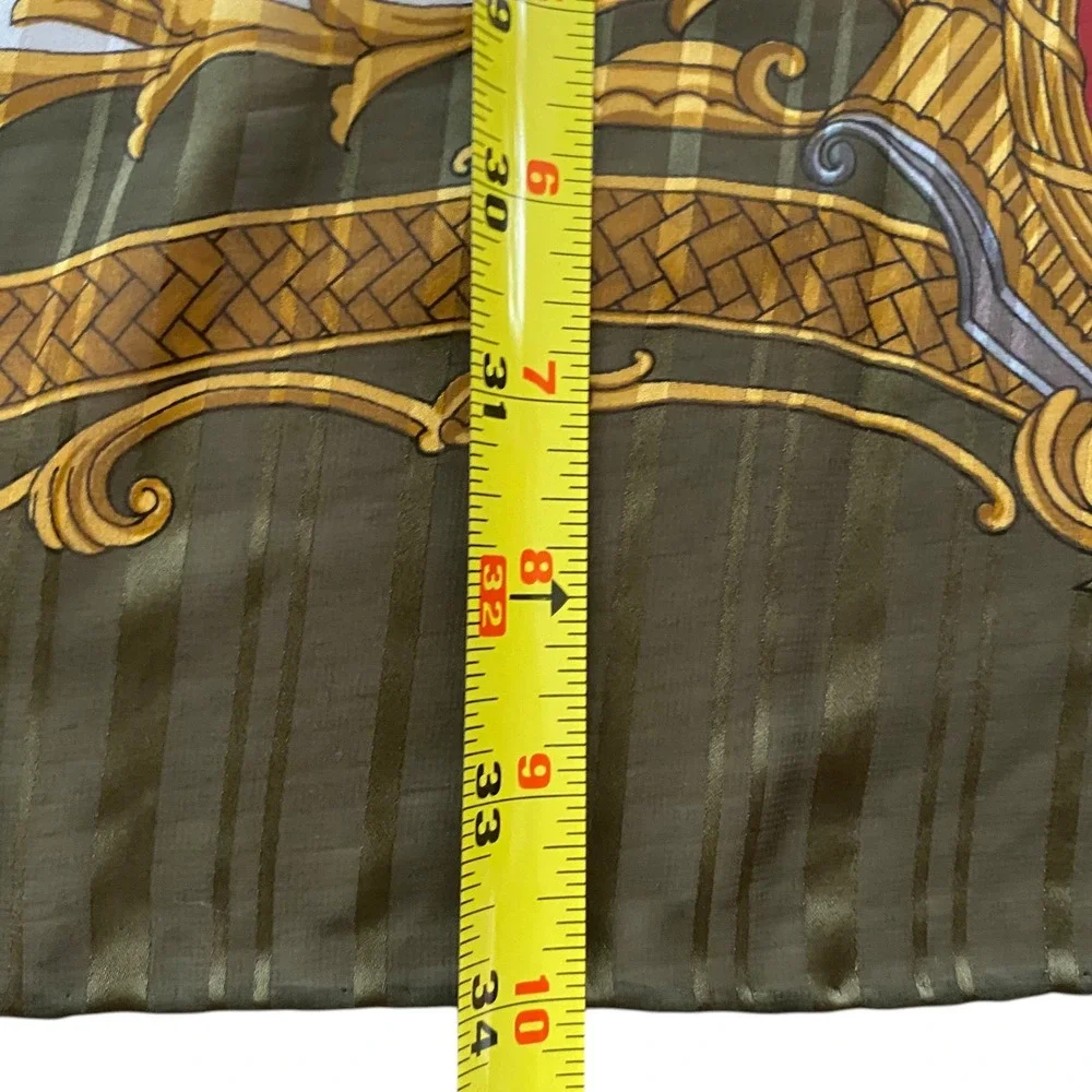 Equestrian Poste et Cavalerie Silk Poly Scarf Olive Green Red Gold‎ 34